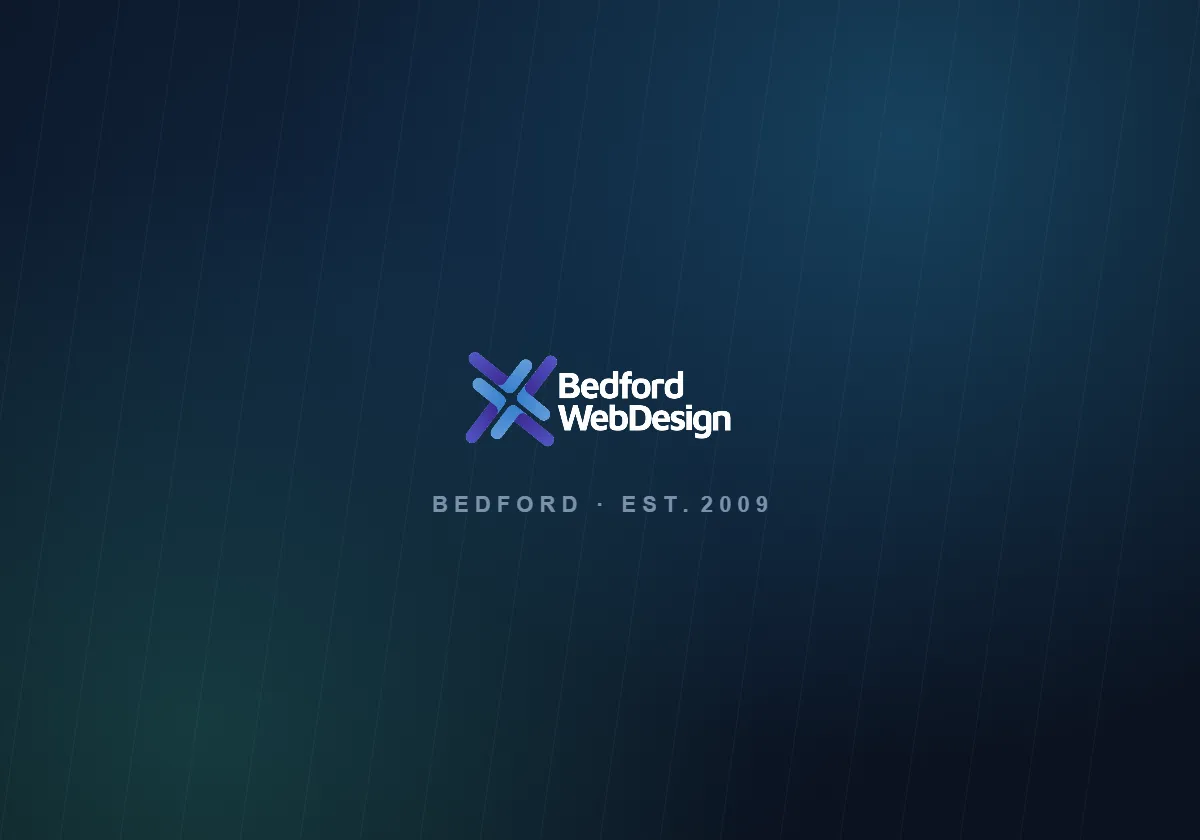 Bedford Web Design studio — interim brand graphic standing in for a portrait of Leo at his desk