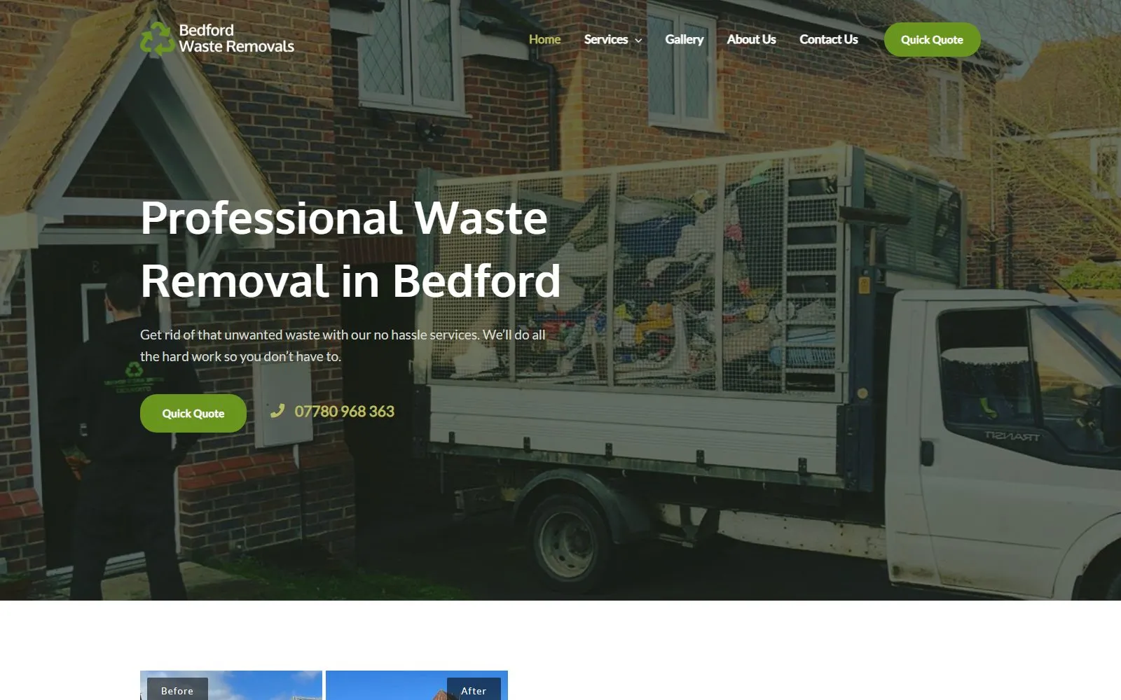 Live screenshot: Bedford Waste Removals — waste clearance lead-generation website