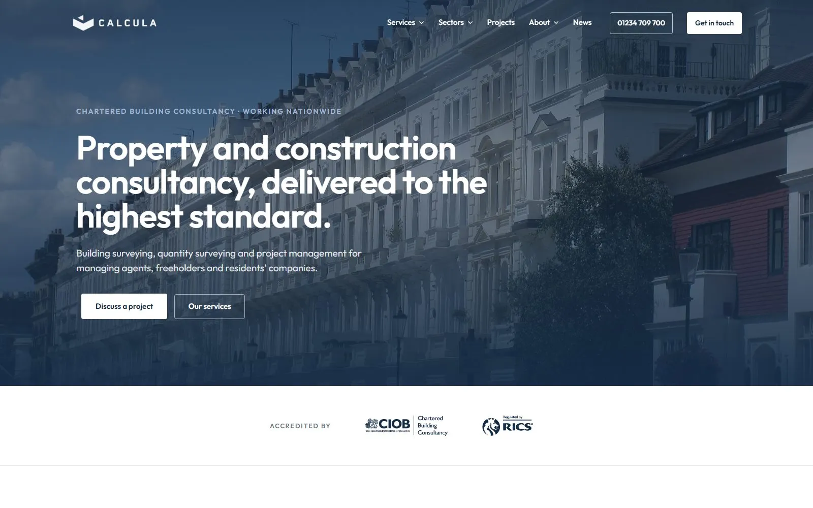 Live screenshot: Calcula — chartered building surveying, quantity surveying and project management website