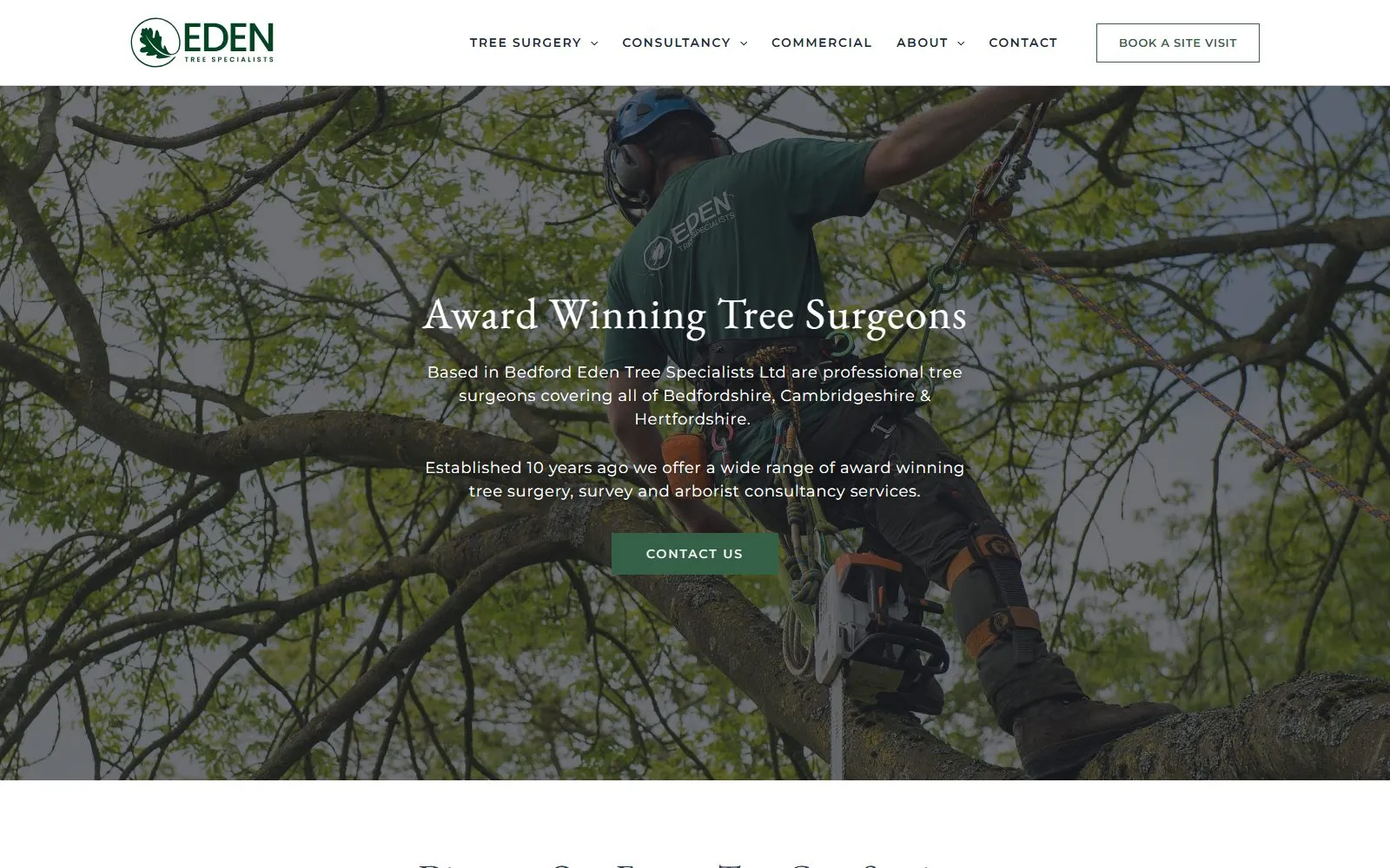 Live screenshot: Eden Tree Specialists — tree surgery website with strong local SEO