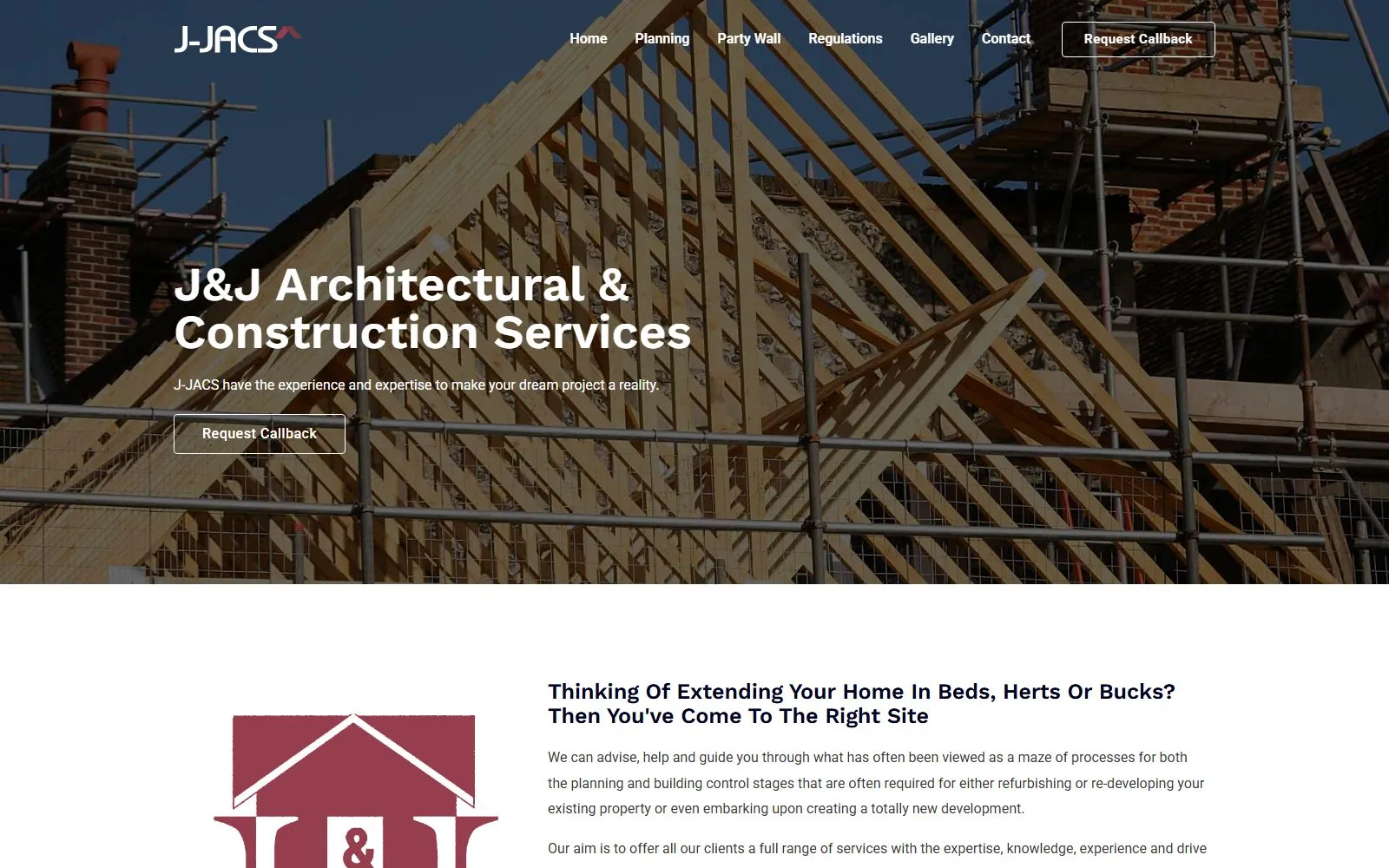 Live screenshot: J&J Architectural & Construction Services — planning and building control website