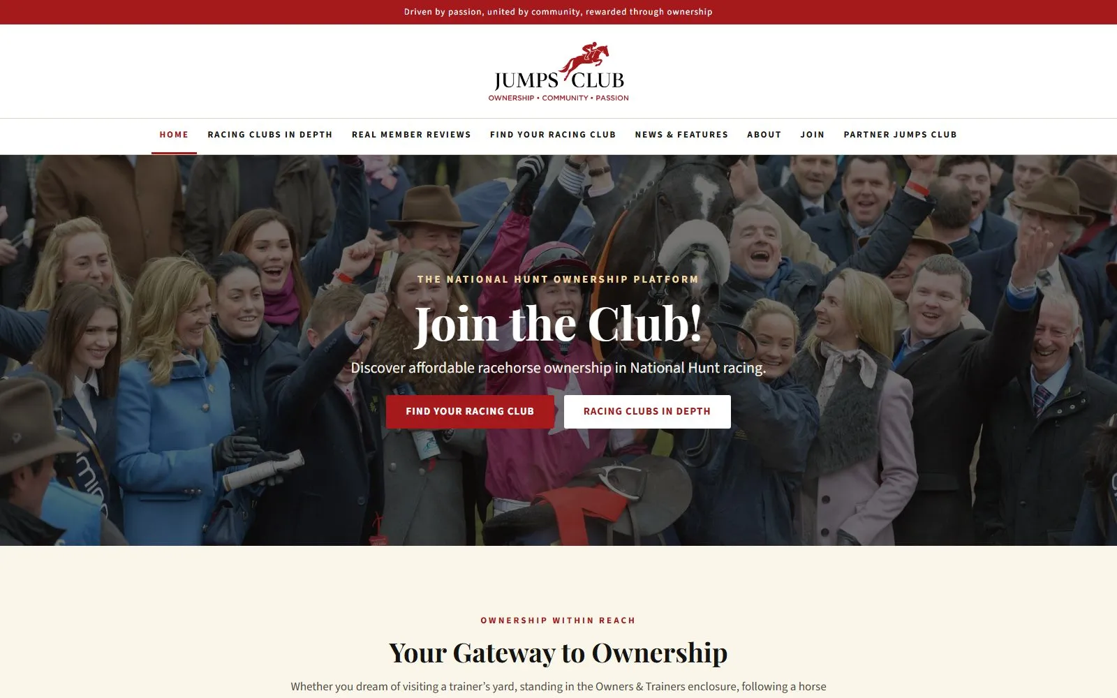 Live screenshot: Jumps Club — National Hunt racehorse ownership platform and racing club directory