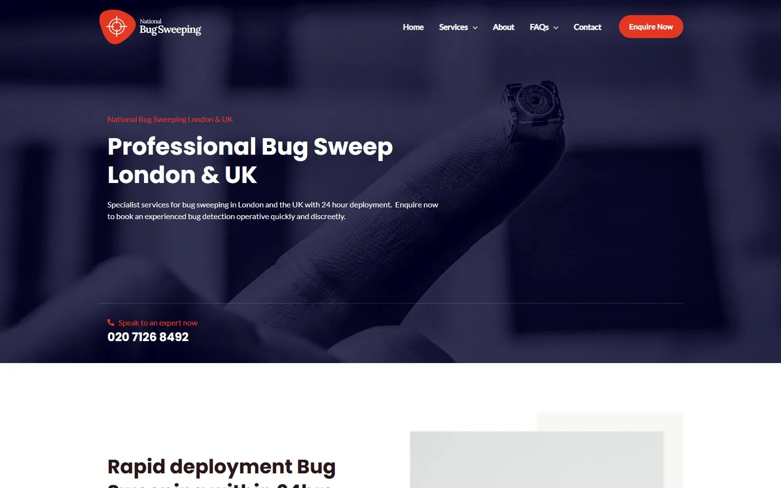 Live screenshot: National Bug Sweeping — counter-surveillance services website