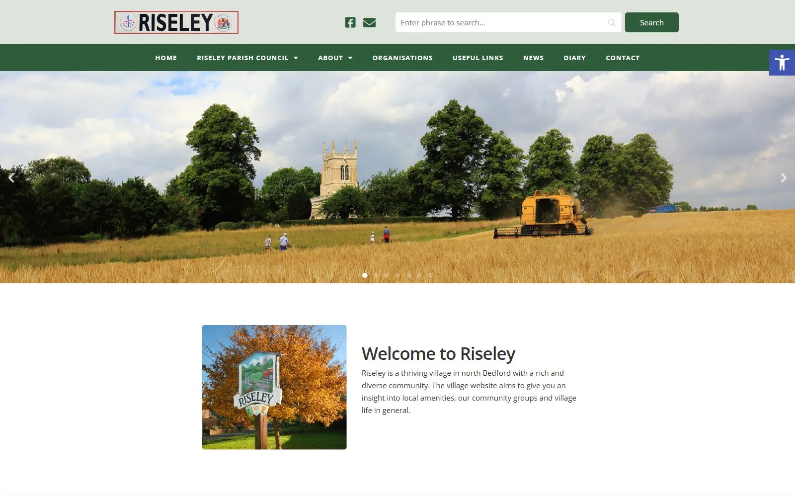 Live screenshot: Riseley Parish Council — accessible .gov.uk council website
